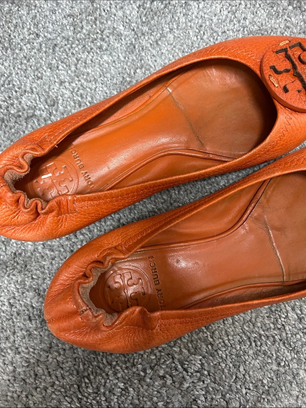 Tory Burch Bright Orange Leather Logo Ballet Flats